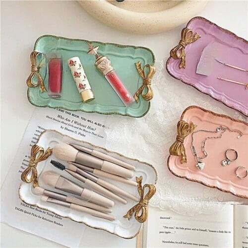 Creative Resin Ring Tray Retro Bow Display Storage Plate Ins Home Decor French Style Decoration Crafts Small Object Organizer
