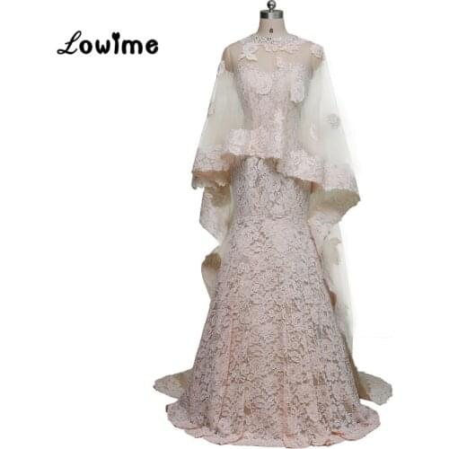 Real Champagne Lace Arabic Muslim Evening Dress with Wraps Mermaid Evening Gown vestidos de festa abiye gece elbisesi