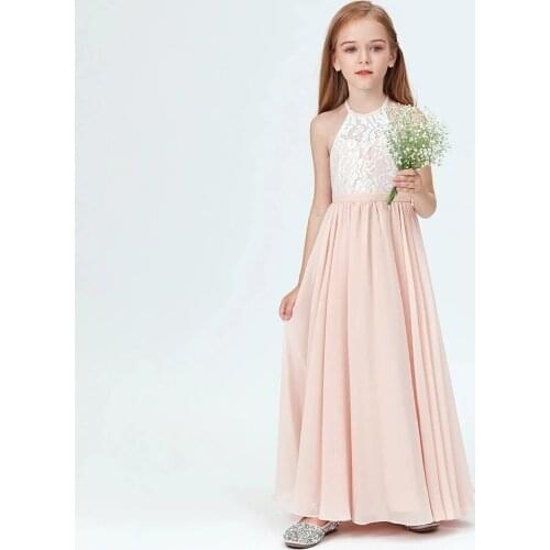 New Girls Lace Bridesmaid Dresses For Wedding Pleated Floor Length Girl Beach Wedding Guest Party Princess Gowns Long Prom Dress