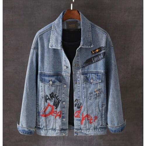 American Streetwear Fashion Men Jackets High Quality Blue Printed Designer Denim Jacket Men Cotton Coats Hip Hop Chaqueta Hombre