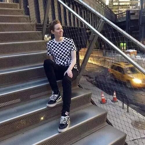 Mens short sleeve round collar summer fashion trend short sleeve T-shirt small black and white checkerboard oversized blouse