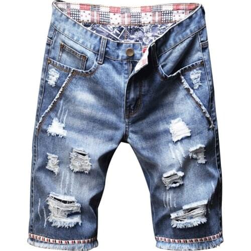 New Mens male fashion casual summer holes ripped fringe denim shorts Casual knee length blue jeans Capri