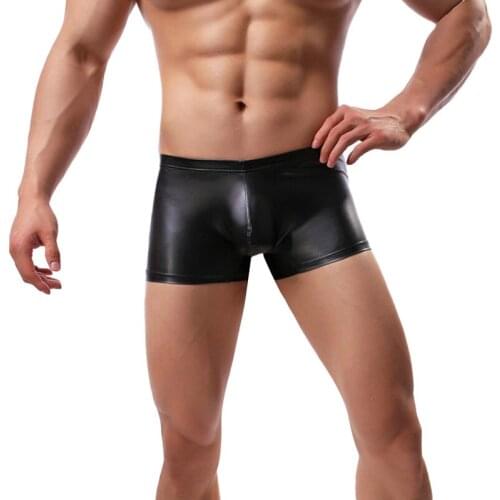 Mens Underwear Black Faux Leather Patent Leather Boxer Shorts Low Waist Sexy U-convex Design Male Underpants Body Sculpting Men