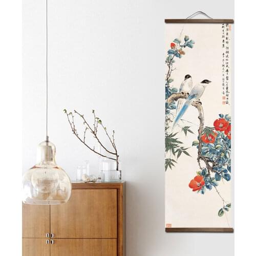 Custom chinese style green plants animal bird canvas decorative painting bedroom living room wall art solid wood scroll painting
