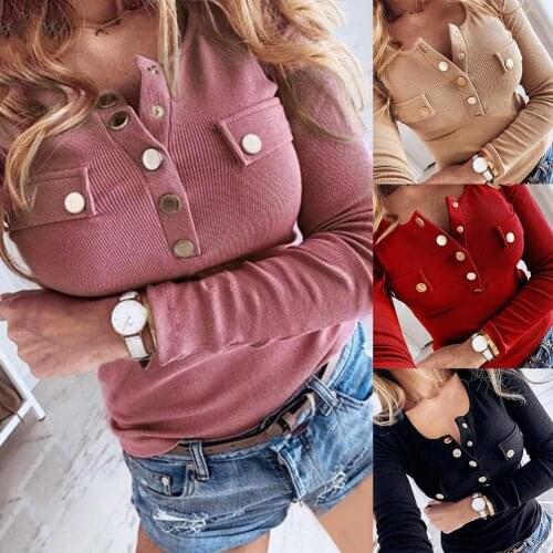 2020New Spring Autumn Sexy Women Long Sleeve Solid Color nbuckle few front button Ribbed Slim Plus Size Low-cut Blouse M-5XL