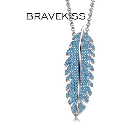 BRAVEKISS Cute Fashion Long Leaf Lake Blue CZ Stone Pendant Necklaces Feather Rhinestone Pendentifs Fabrication BUN0250B
