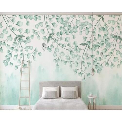 Beibehang Custom fresh green leaves watercolor style vine man plant Nordic minimalist TV background wall decorative painting