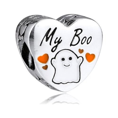 My Boo Ghost Heart Charm Beads for Jewelry Making Women 925 Sterling Silver Beads for Bracelets & Bangles Jewelry Halloween Day