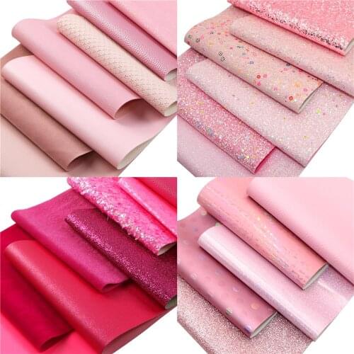Pink Rose Red Color Series Faux Leather Sheets Chunky Glitter Lychee Holographic Synthetic Leather Fabric Set for DIY Bows