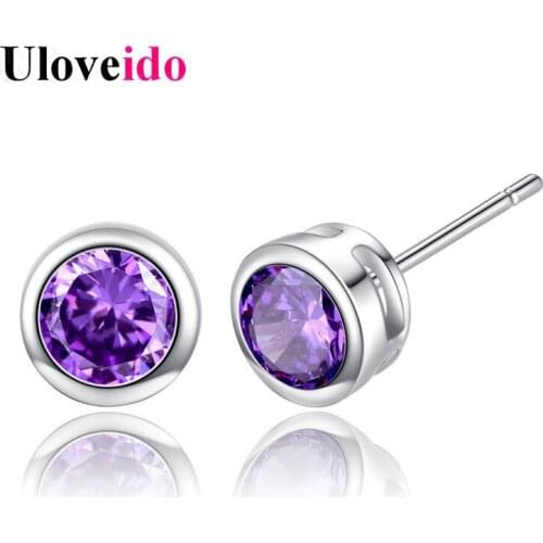 Uloveido Purple Crystal Earrings for Women Earring with Stones Stud Enclosed Round Earings Jewelry Earing Gifts Decorating EH88