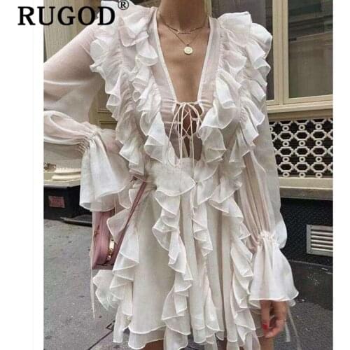 Rspective Chiffon Mini Dress Flare Sleeve White Boho Dresses