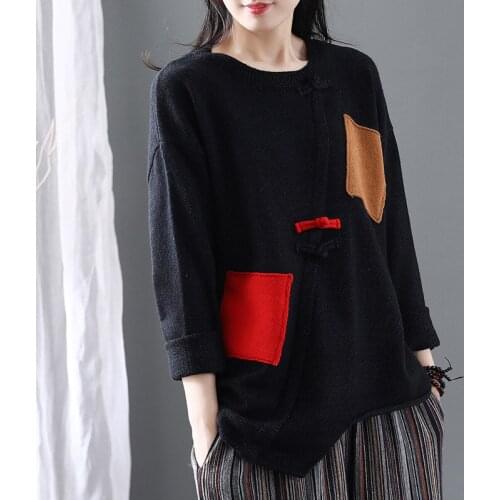 Autumn Winter Sweater Retro Women irregular Knitting Pullovers Tops O-Neck Patchwork Casual All-match Sweater 2019 Ladies Tops