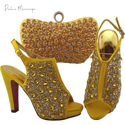 Nigerian Hot Selling Fashion Special Rhinestone Style Italian Design Party Wedding Ladies Shoes and Bag Set in Yellow Color