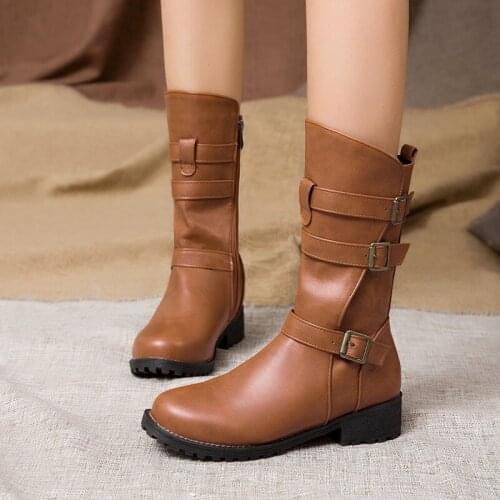 YMECHIC Plus Size Mid Calf Short Ride Boots Chunky Heels Buckle Strap Black Retro Autumn Punk Ladies Shoes Woman Bootie 2019