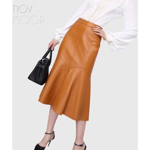 Novmoop genuine leather women solid color mermaid skirt graceful elegant lolita style tea time wear LT3514