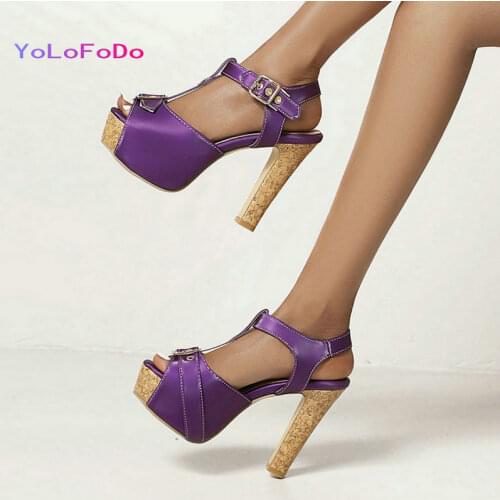 Plus Size 34-43 Summer Women High Heel Shoes Platform Square High Heel Women Sandals Fashion Dress Ladies Shoes Purple Pink Blue