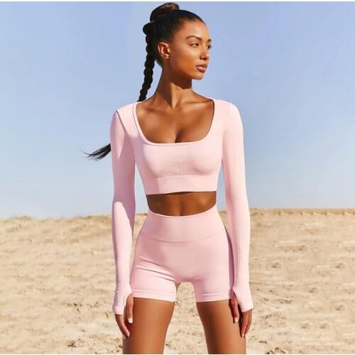 High Elastic Pink Two Piece Shorts Set Women Fitness Long Sleeve Crop Top and Shorts Matching Sets Ladies Square Neck Shorts Set