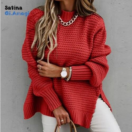 Women Elegant Solid Ribbed Knit Sweater Fashion O Neck Lantern Long Sleeve Pullover Tops Ladies Winter Casual Loose Slit Jumper