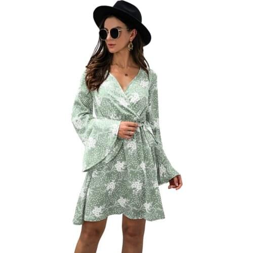 Flare Sleeve Print Spring Autumn Dress Women 2021 Casual V-Neck Long Sleeve A-line Mini Wrap Dresses Vestidos