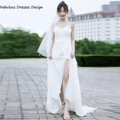 Sweetheart Spaghetti Strap Wedding Dresses Sexy Backless Slit Long A Line Sweep Train 2021 Bridal Gown Robe De Soirée De Mariage