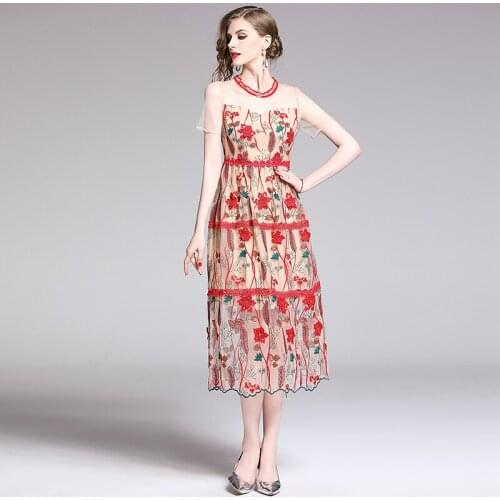 Vintage Flower Embroidery Dress Women O Neck Short Sleeve High Waist Mesh Dresses Vestido Robe Summer New