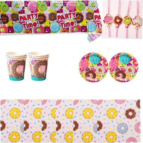 51pcs/lot Donut Theme Napkins Happy Birthday Party Plates Cups Tablecloth Decorate Straws Kids Favors Dishes Towel Dishes