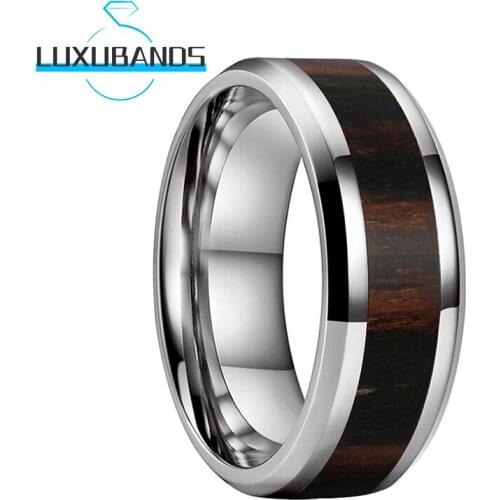 8MM Tungsten Wedding Rings For Womens Mens Pipe Cut Beleved Ebony Wood Inlay Polished Finished Comfort Fit