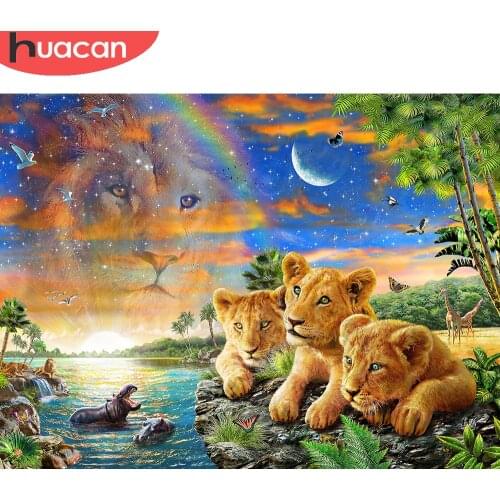 HUACAN Diamond Painting Full Lion Animal Mosaic Natural Scenery Home Decor Embroidery Starry Sky Wall Decor