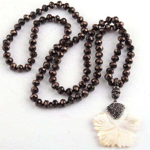 Free Shipping Fashion Long Crystal Glass Knotted Handmake Paved Shell Flower Pendant Necklaces For Women Ethnic Necklace