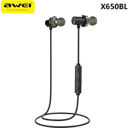 AWEI X650BL Wireless Bluetooth Headset Dual Dynamic Earphone Neckband earphone IPX5 Waterproof BT4.1 For Xiaomi Huawei phones