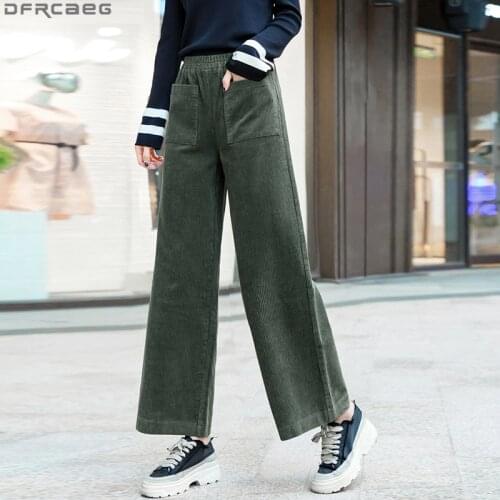 New Casual Streetwear Corduroy Pants For Women Autumn and Winter Slacks Pockets Stretch High Waist Trousers Loose Wide Leg Pants