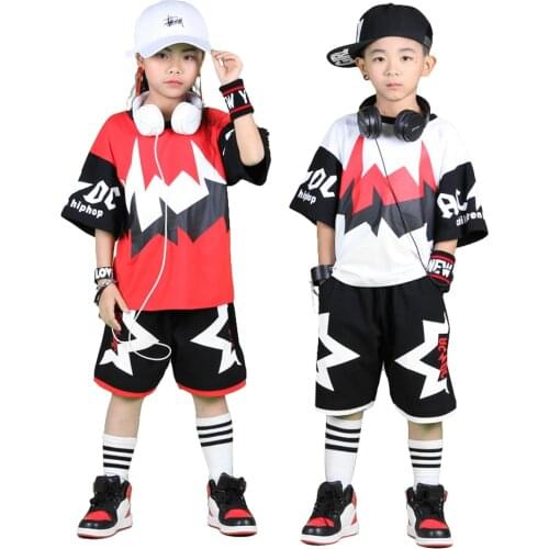 Kids Unisex Short Sleeve T-Shirt + Black Shorts Clothes Set Boys Girls Hip Hop Street Dance Costume Children Summer Daily Wear