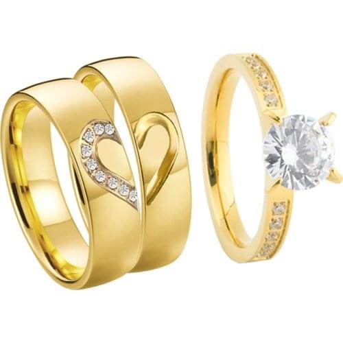Cubic Zirconia Diamond Wedding Engagement Rings Set for Men And Women Ladies Gents 3pcs 18k Gold Plated Love Heart Couple Ring