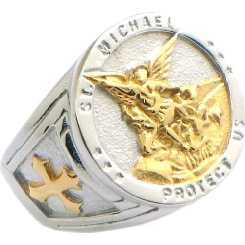 Unisex SAINT MICHAEL PROTECT US 316L Stainless Steel Cross Newest Golden Ring