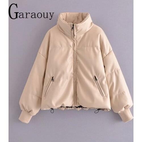 Garaouy 2021 New Women Autumn Winter Faux Leather Cotton Jacket Coat Stand Collar Zipper Loose Warm Parka Streetwear Jackets