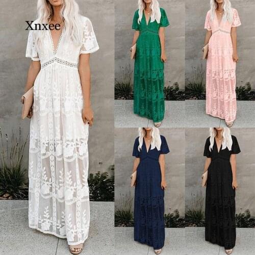 Summer Boho Women Maxi Dress Loose Embroidery White Lace Long Tunic Beach Dress Vacation Holiday Beach Women Clothing Robe