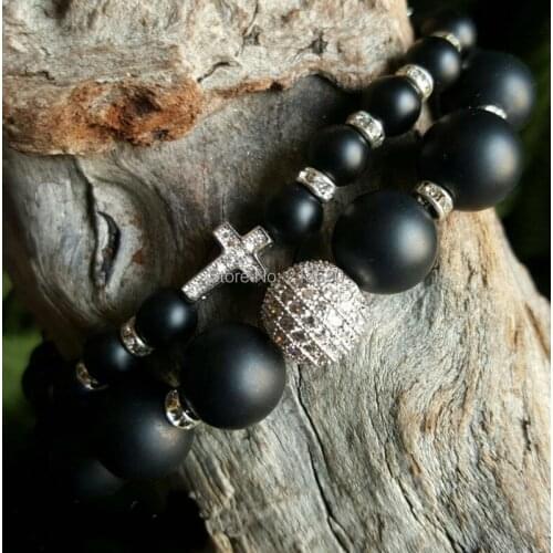 Matte Onyx Beads Pave CZ Ball and Cross Bracelets set SE21542