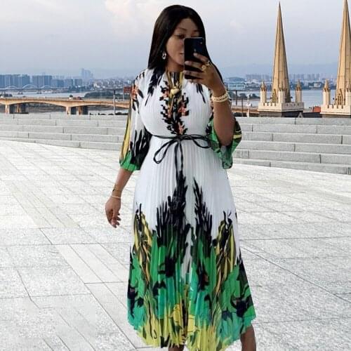 African Clothes New Fashion Maxi Dresses For Women Round Collar Elegant Half Sleeve Pleated Dress Floral Print Holiday Vestidos