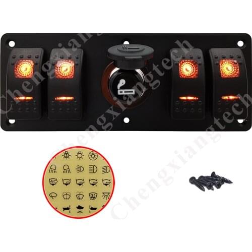 Orange Led 4 Gang Aluminum Rocker Switch Panel With 12V Cigarette Lighter Plug Sockets Toggle Switch Panel for Car Boat Yatch
