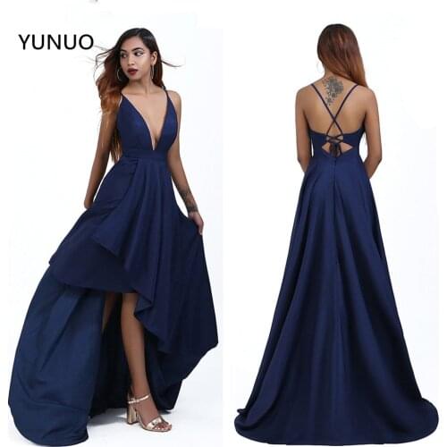 YUNUO Sexy Deep V Neck High Low Evening Prom Dress 2021 Satin vestidos de noche festa Lace Up Navy Blue Party Formal Dresses