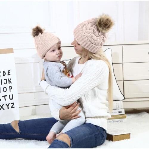 2pcs Baby Adult Winter Warm Knit Hat Family Matching Hairball Cap Solid Color Twist Hat Crochet Hair Ball Parent Child Hat