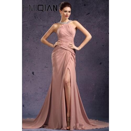 Stylish Halter Mermaid Pleated Bodice High Split Evening Dresses