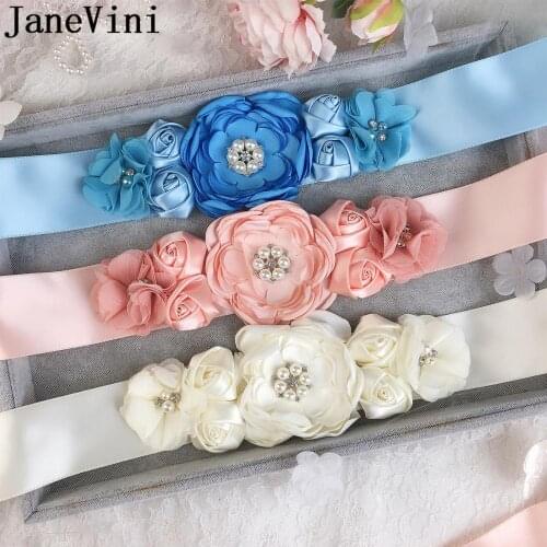 JaneVini Pearl Rhinestones Wedding Belts and Sashes Beaded Satin Rose Handmade Flowers Bride Belt for Pregnant Women Bridal Belt