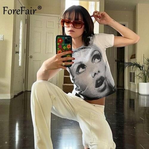 Forefair Y2K Crop Top White Short Sleeve Women Print T Shirt Streetwear Fashion Casual 2021 O Neck Harajuku Tee Tops Summer