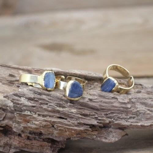 Natural Blue Kyanite Golden Rings Raw Stone Gems Quartz Adjustable Band Party Ring Fashion Women Jewelry Dropshipping,QC4081