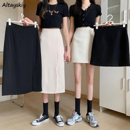 Skirts Women Friends Solid Simple Side-slit Casual Vintage High Waist Sexy Female Clothes College Soft Harajuku Chic Popular Ins