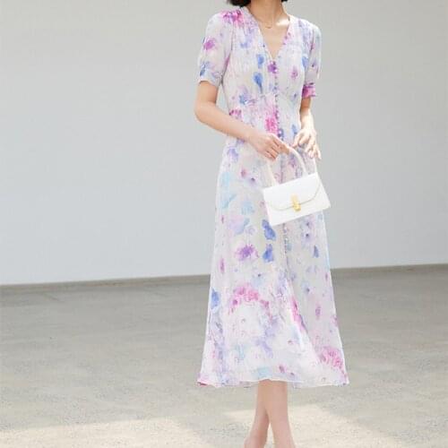 2021 Spring Women Floral Dress V-neck Short Sleeve Single Breasted New Ladies Long Robes
