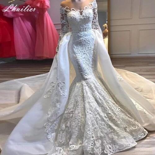 Lhuilier Illusion Neck Mermaid Beaded Wedding Dresses 2020 Full Sleeves Sequins Detachable Train Lace Appliques Bridal Dress