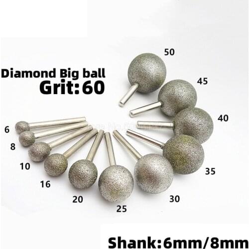 1Pcs 6mm/8mm Shank Spherical Head Diamond Grinding Bit Coated Mounted Points Round Ball Burs Coarse For Stone Drill Metal
