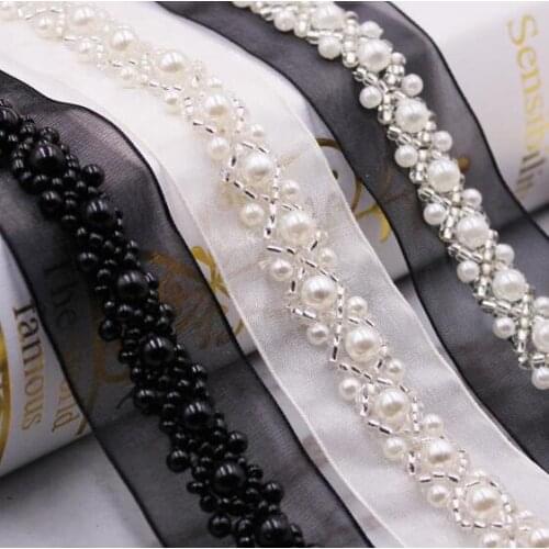 20Yards White Pearl Beaded Embroidered Rhinestones Applique Braided Lace Ribbon Organza Trim For Wedding Dress Black Lace